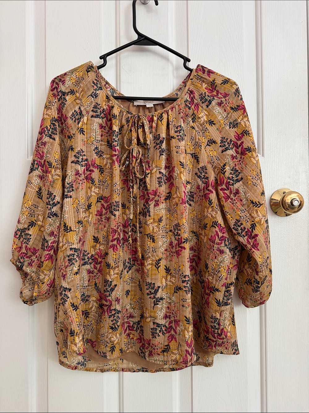LOFT Mustard Floral Tie-Neck Blouse